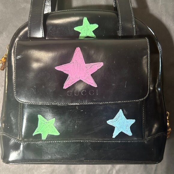 Gucci Black Patent Leather Handbag UPCYCLED pop Stars Neon Shoulder Bag VTG - Picture 3 of 14